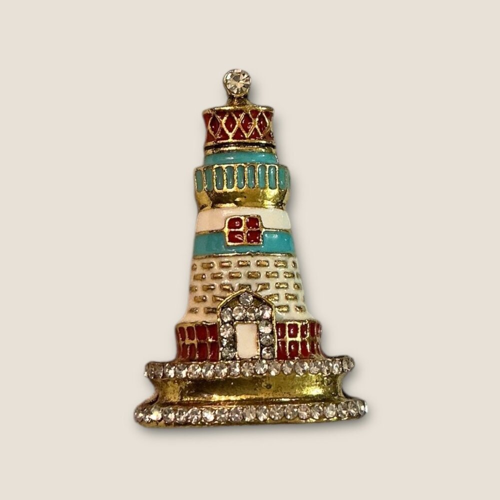 Vintage Gold-Tone Lighthouse Pendant Brooch With Rhinestones & Enamel Detailing
